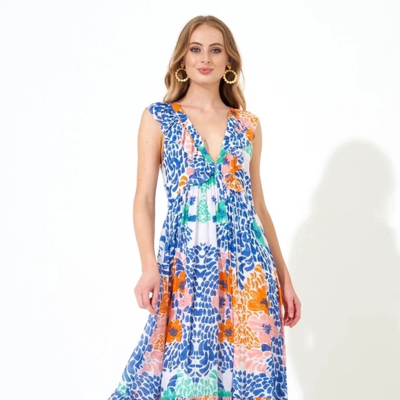 Oliphant Ruffle V-Neck Maxi Dress in Antigua Blue - Picture 1 of 3